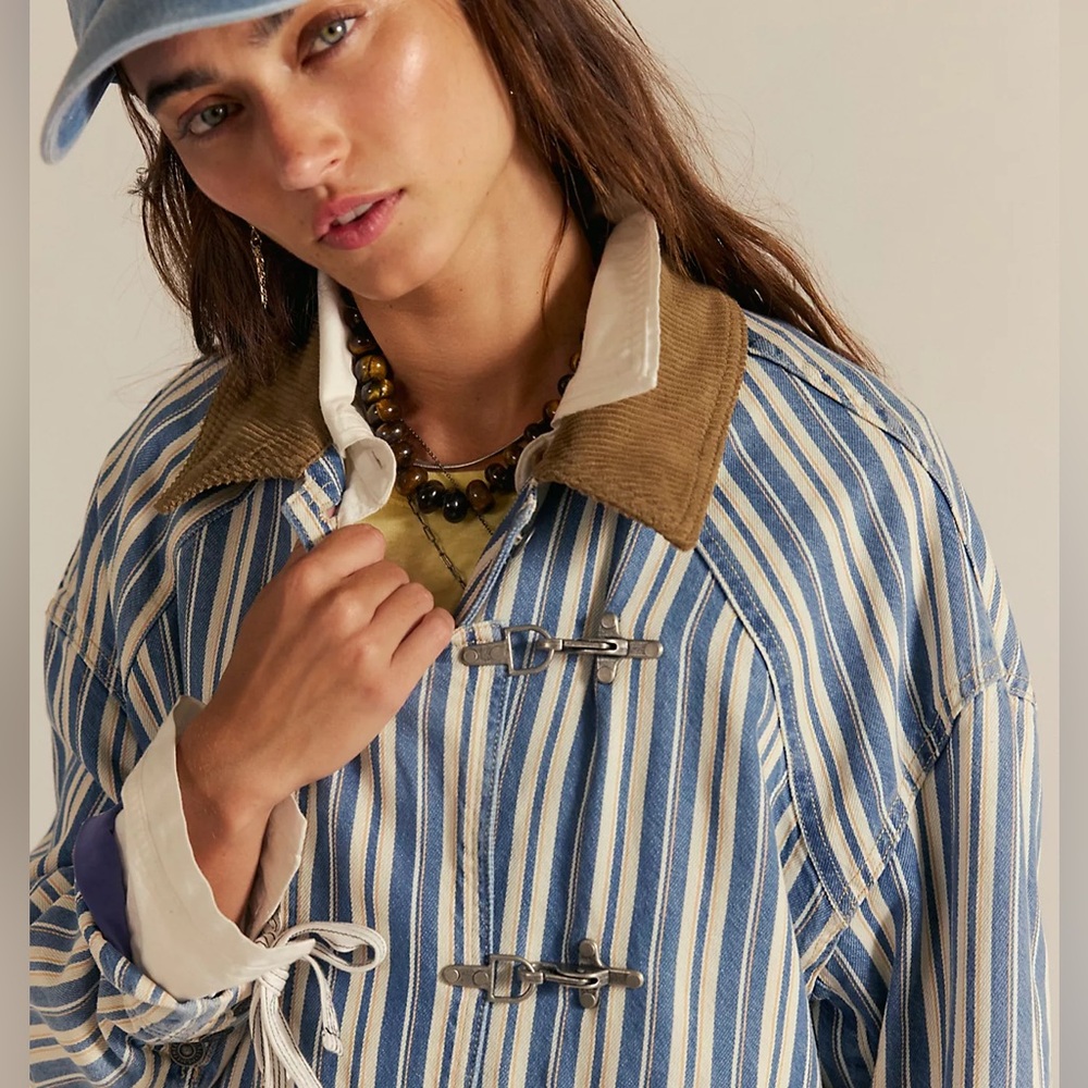 Free People We The Free Striped Denim Barn Coat Small New Blue White Barn Jacket